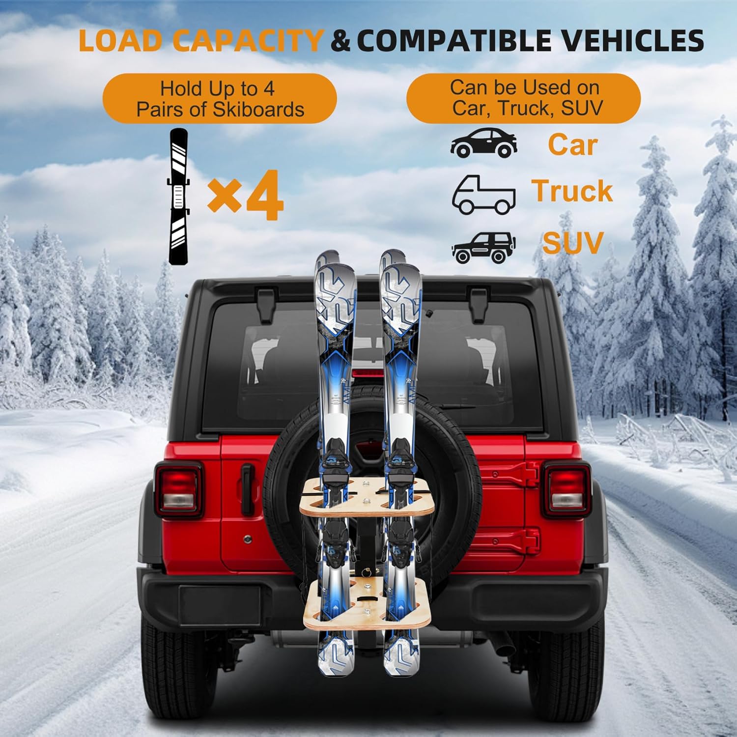 Lightweight Folding Hitch Ski Rack with Wooden