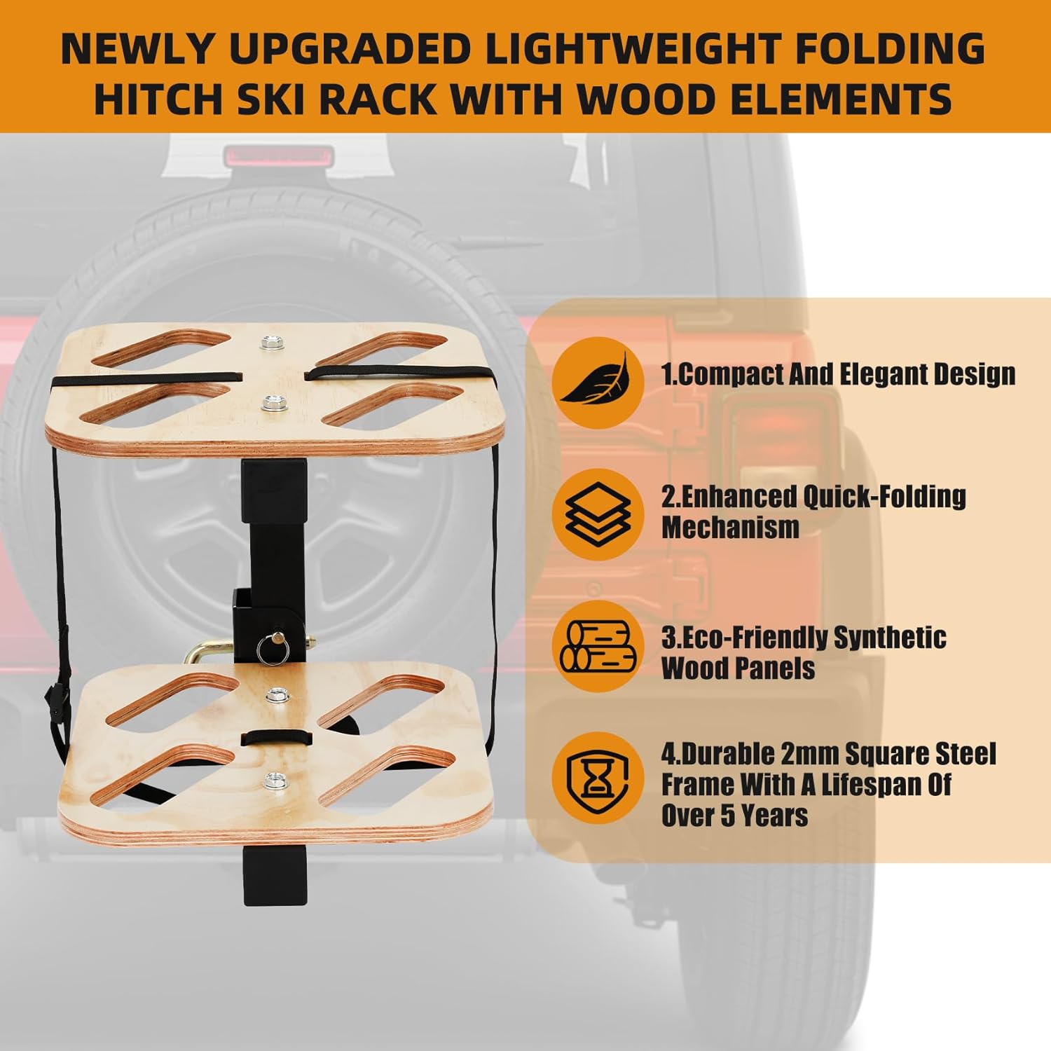 Lightweight Folding Hitch Ski Rack with Wooden